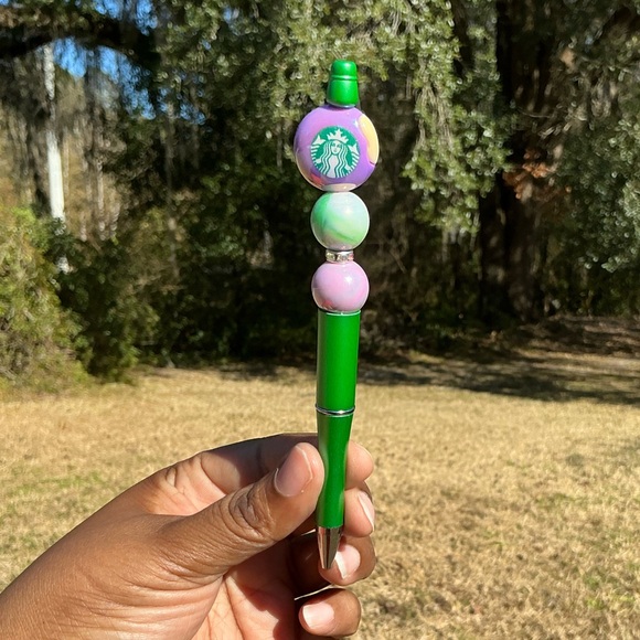 Accessories - Handmade Green and Purple Beaded Coffee Pen